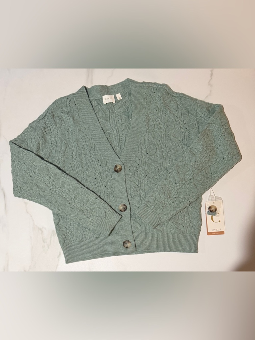 Cyrus Sage Green Cable Knit Button-Up Cardigan S